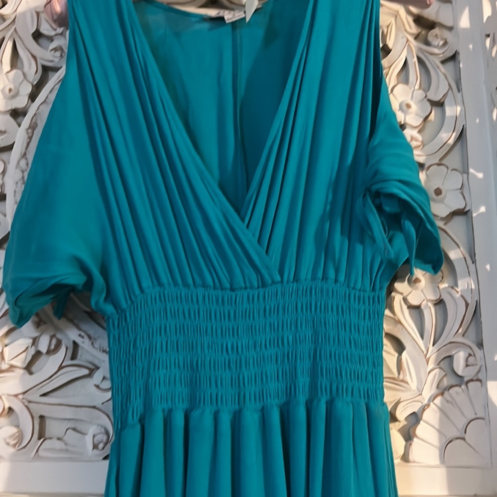 Open shoulder teal summer dress, size small - Picture 2 of 4